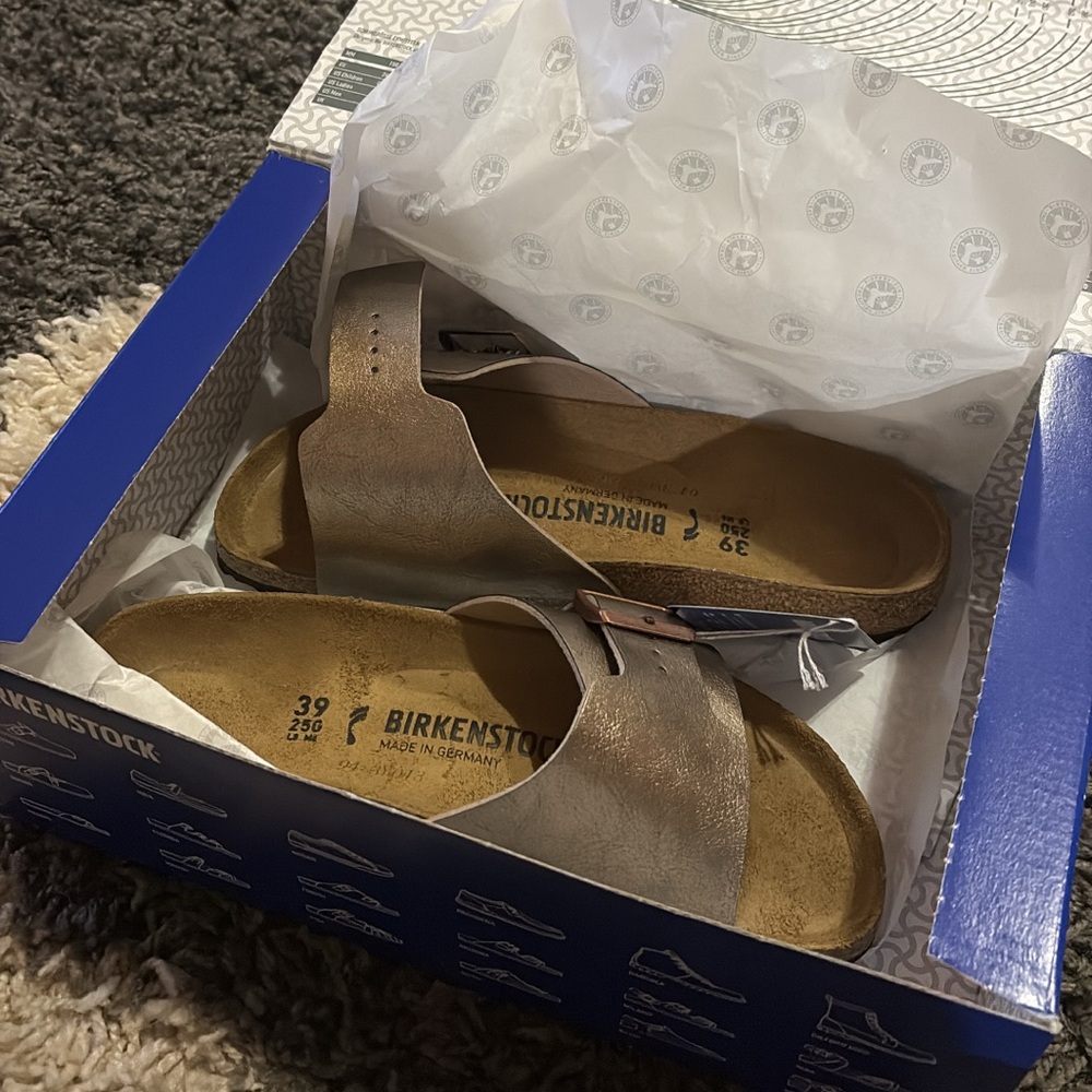 brand new birkenstock’s in box! Bronze in color